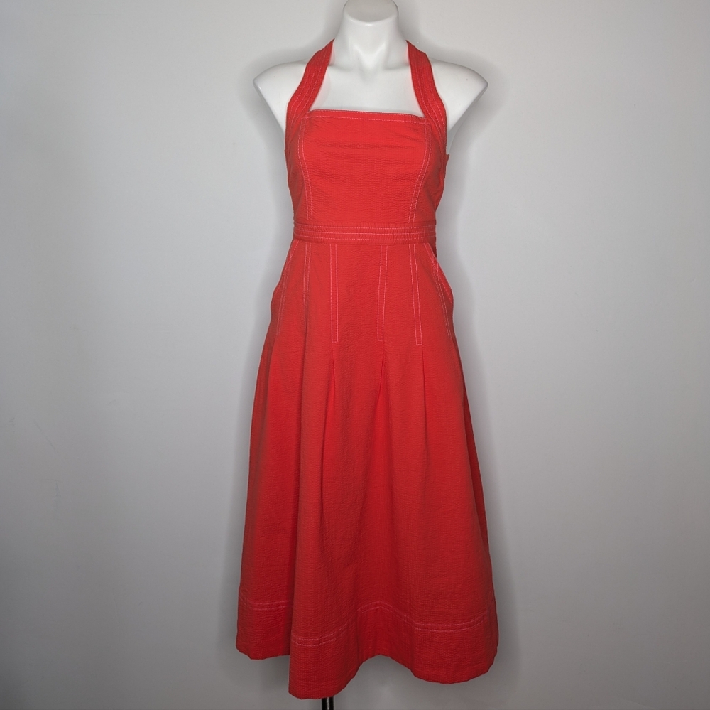 Anthro Maeve Red Orange Textured Square Neck Halter Cotton Blend Dress 2 - Picture 1 of 9